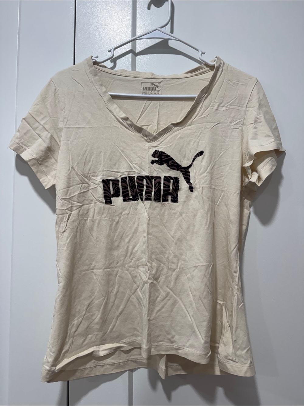 Puma Women's Cream V-Neck Logo Tee with Black Graphic